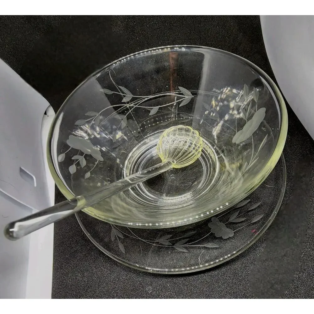 Vtg Princess House Crystal Etched Condiment Bowl plate Scalloped Spoon New w Box